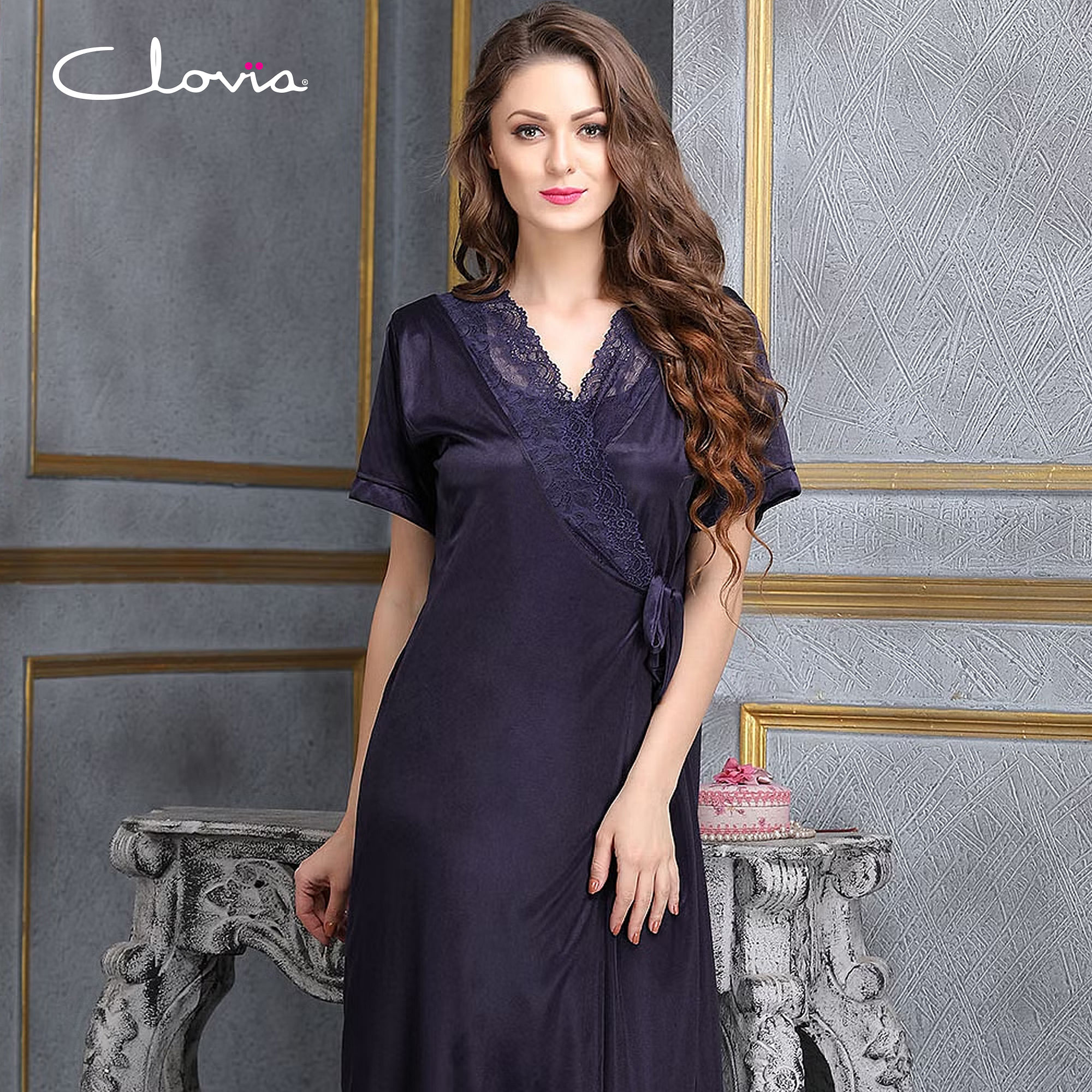 Buy Clovia Blue & Peach Coloured Satin Nightdress With Robe NS0799P08XL -  Nightdress for Women 1753079 | Myntra